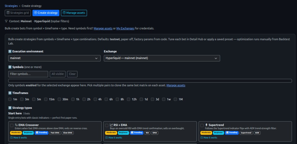 Create strategy — grouped bot catalog with multi-symbol bulk generator